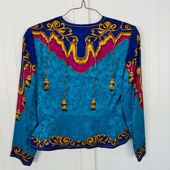 Vintage Silk Flashy 80's Blouse Shoulder Pads Versace Style Purple Teal Size 12 - Picture 7 of 8
